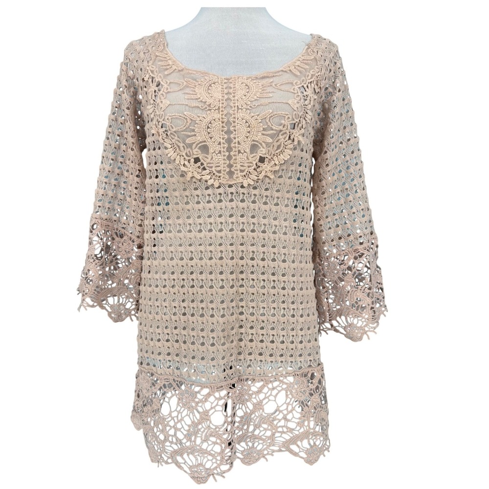 Umgee Tan Crochet Lace Tunic Top Bell Sleeve Boho Floral Size Small